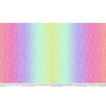 A pastel rainbow gradient with intricate white floral swirls, inspired by Jaftex - FreeSpirit's Floral Reef Deep Dive Riptide Fabric Yardage, features a ruler in inches and centimeters—ideal for quilting cotton projects.