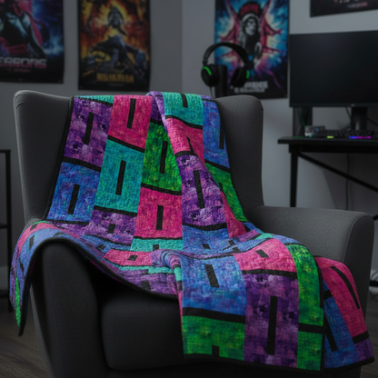 Electric Vibe Quilt draped over a chair in a teenage boy's bedroom with meander quilting design