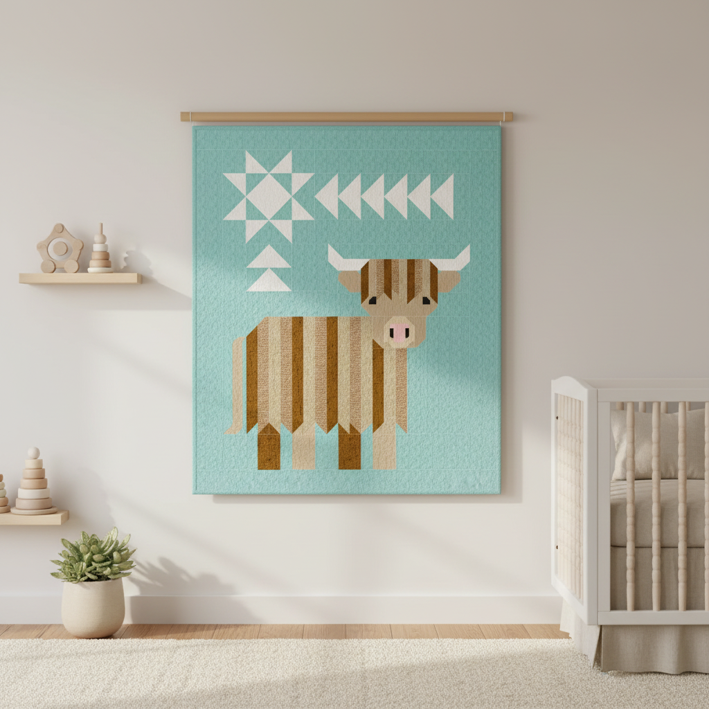Cattle Call Quilt Kit displayed as a wall hanging in a cozy nursery setting