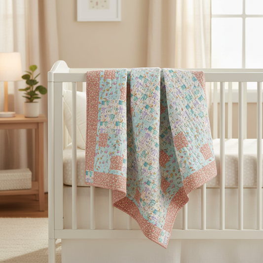 Little Ones quilt draped over a white crib in a soft nursery setting, lifestyle image