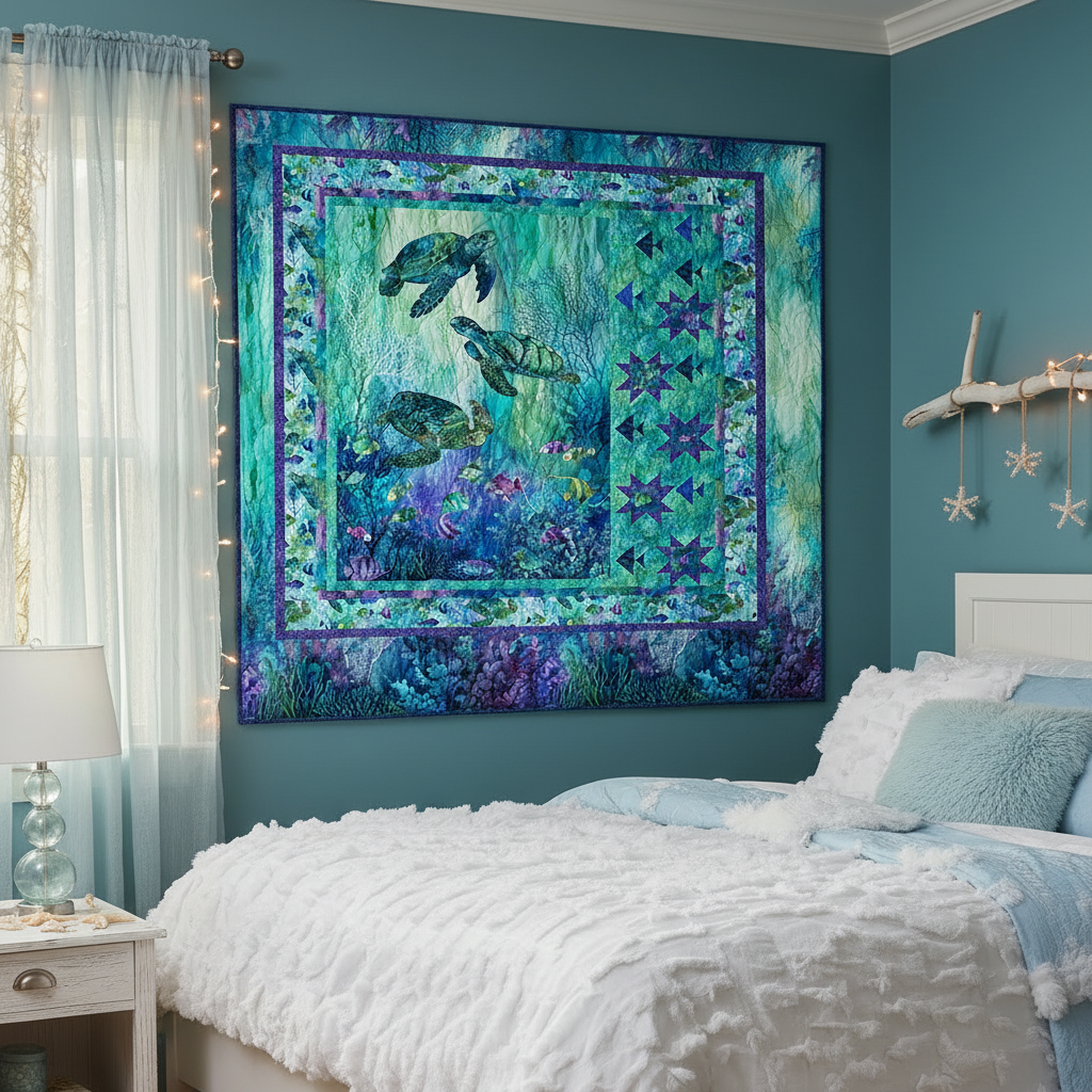 Coral Reef quilt displayed as a wall hanging in a dreamy ocean-themed girl's bedroom with blues and fluffy bedding