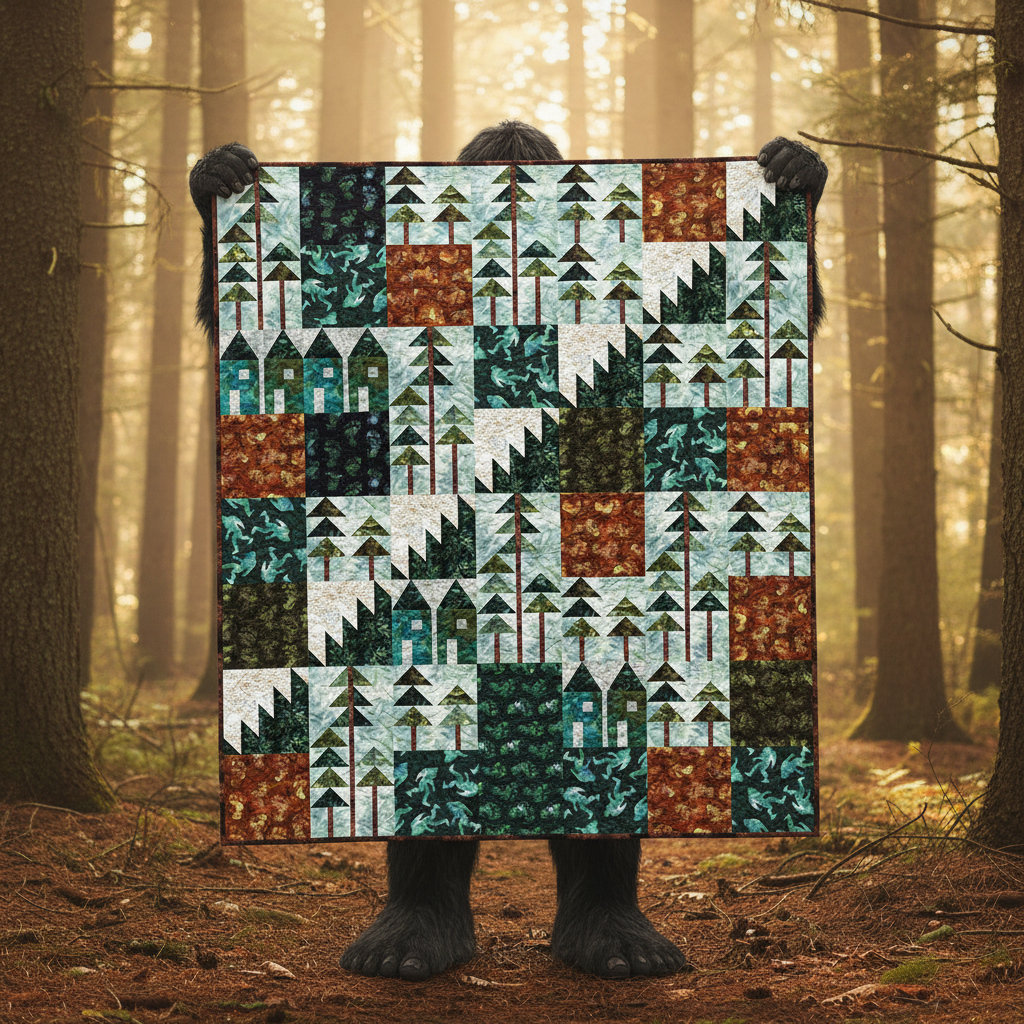 A figure with furry hands and feet holds up the Quilted Joy "Where's Squatch? Quilt Kit," showcasing patchwork trees, houses, and geometric patterns. Sunlight filters through tall forest trees in the background.