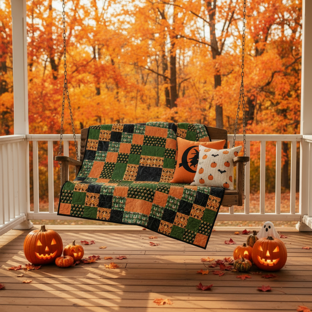 Skullflower Garden Quilt Kit folded on a fall porch swing with festive Halloween decor and pillows