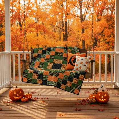 Skullflower Garden Quilt Kit folded on a fall porch swing with festive Halloween decor and pillows