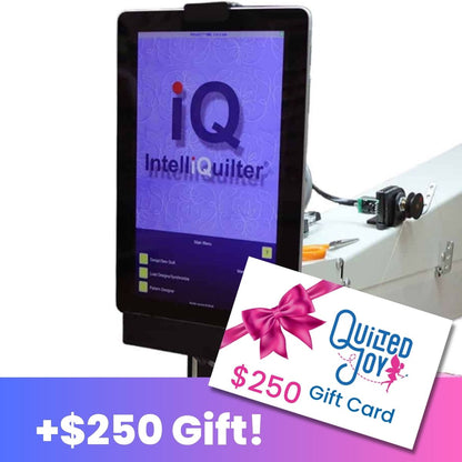 Intelliquilter computerzied quilting tablet displaying the Intelliquiter logo and a Quilted Joy gift card.