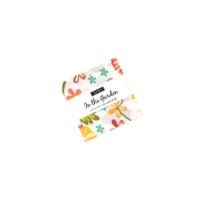 A square fabric swatch with a vibrant floral pattern in red, orange, yellow, and blue from the In The Garden Mini Charm Pack by United Notions—ideal for adding color to your next quilting or sewing project.