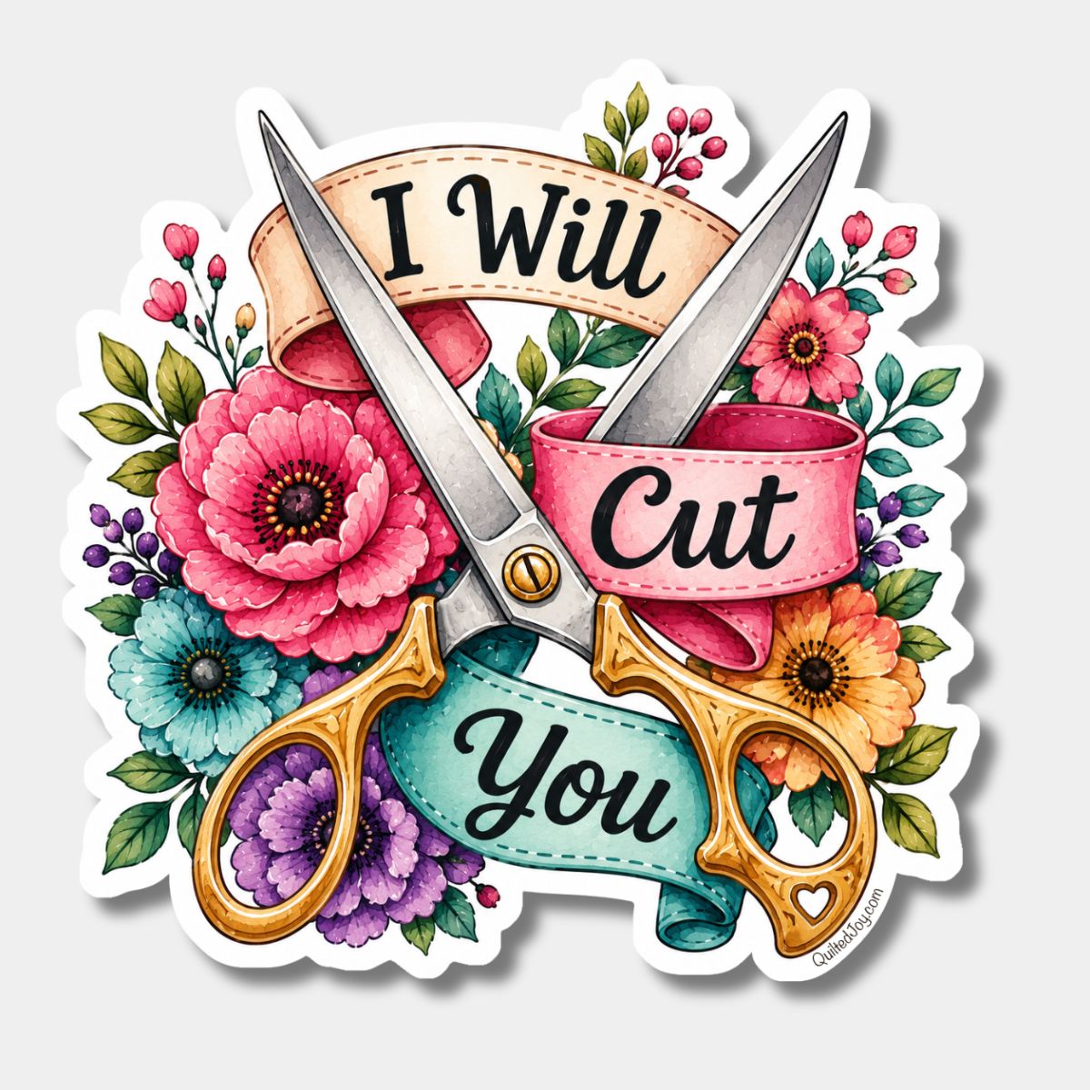 The "I Will Cut You Floral Sticker" by Checker Distributor features gold scissors amid colorful flowers with a ribbon reading “I will cut you” in bold black text, all crafted in a playful, decorative style.