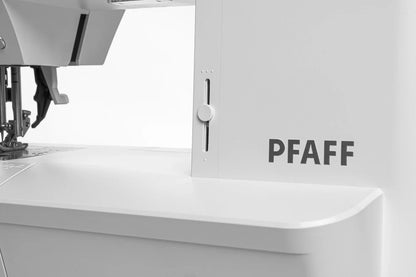Close-up view of a white Pfaff Quilt Ambition 635 Sewing and Quilting Machine from Quilted Joy, featuring advanced Integrated Dual Feed Technology for precise fabric handling.
