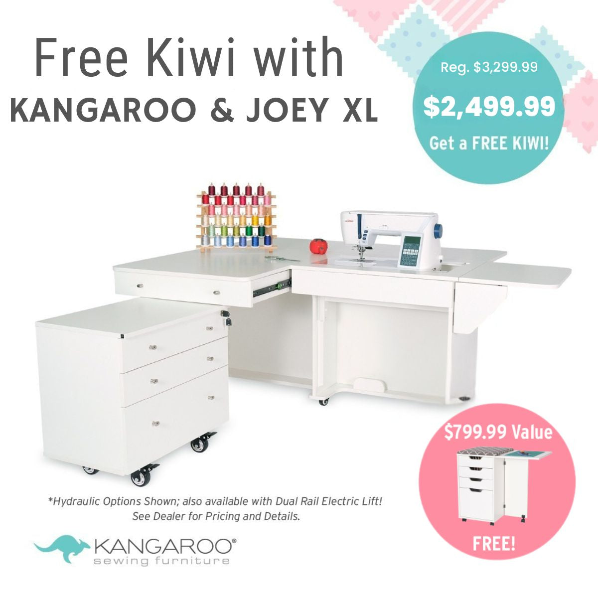 Get a free Kiwi Cabinet ($799.99 value) with purchase of the Quilted Joy Kangaroo & Joey XL Sewing Cabinet (in 3 colors), now $2,499.99—the ideal quilting cabinet setup!.