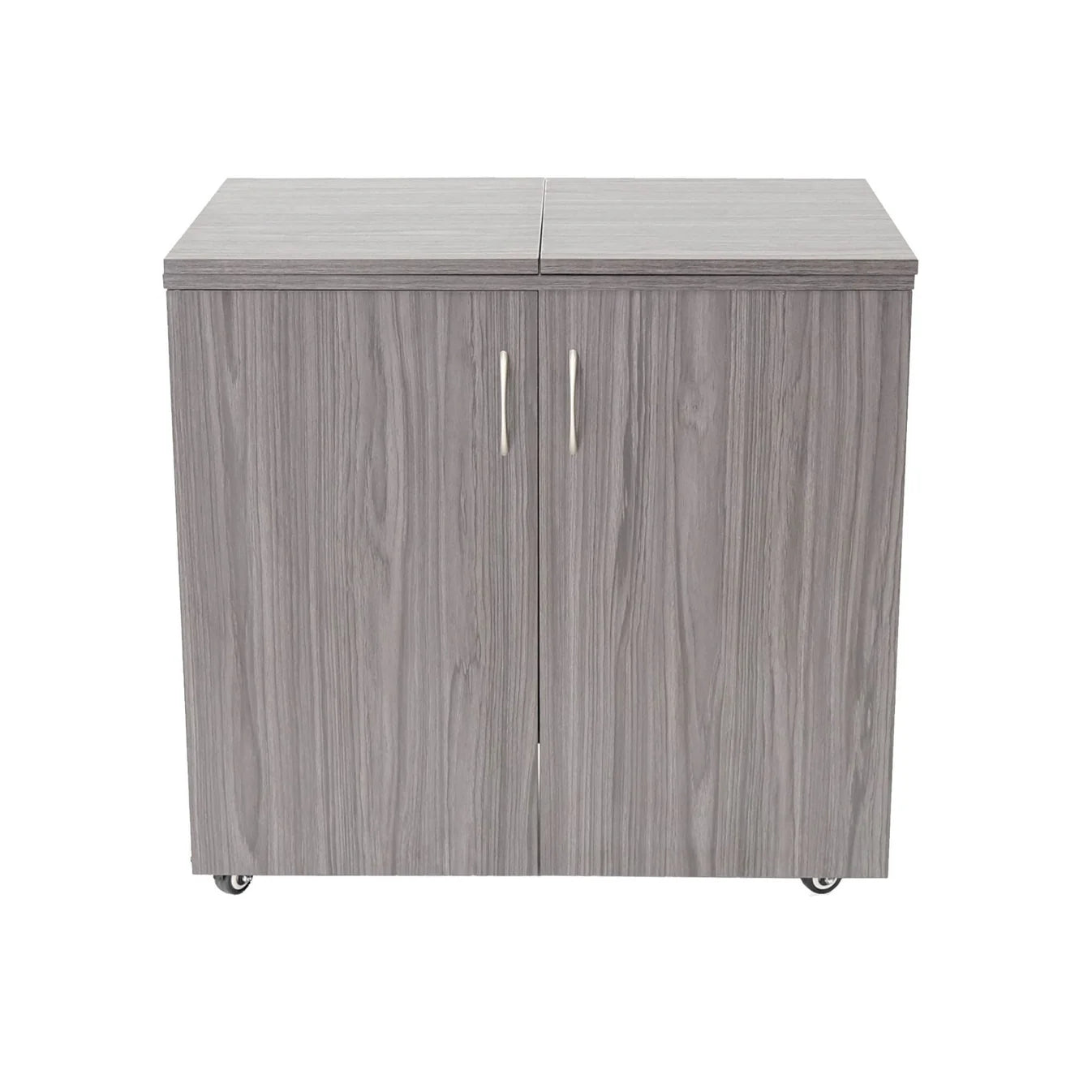 The Kangaroo Bandicoot II Sewing Cabinet by Arrow Companies, LLC features a gray wooden design with two vertical doors, metal handles, a flat top, and four wheels—perfect EZ Lift sewing furniture for any creative space.