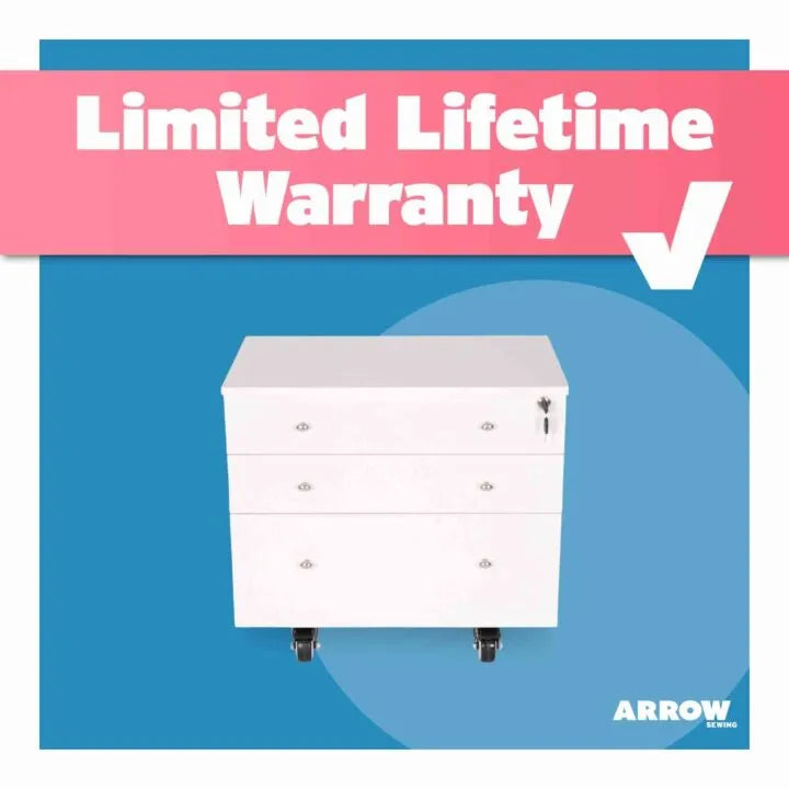 A Kangaroo & Joey XL Sewing Cabinet from Quilted Joy (available in 3 colors) is centered on a blue background. A pink banner at the top displays "Limited Lifetime Warranty" with a white checkmark, and the Arrow logo is in the bottom right corner.