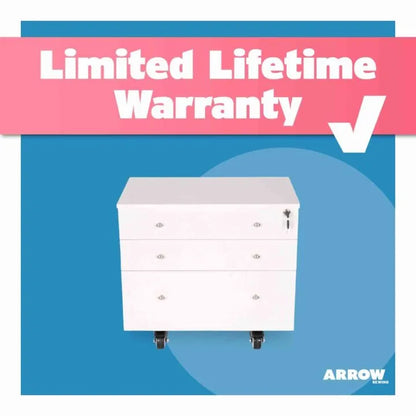 A Kangaroo & Joey XL Sewing Cabinet from Quilted Joy (available in 3 colors) is centered on a blue background. A pink banner at the top displays "Limited Lifetime Warranty" with a white checkmark, and the Arrow logo is in the bottom right corner.