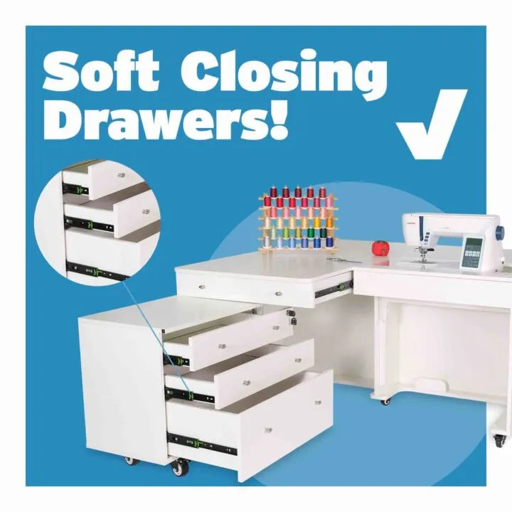 A Quilted Joy Kangaroo & Joey XL Sewing Cabinet in white, featuring three open, soft-closing drawers on wheels, sits next to a sewing machine and thread organizer. Text reads "Soft Closing Drawers!" with a check mark.