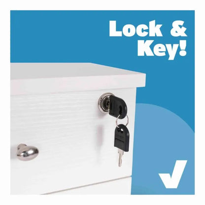 A pair of keys hang from a lock on a Quilted Joy Kangaroo & Joey XL Sewing Cabinet drawer (available in 3 colors) against a blue background with "Lock & Key!" and a white checkmark.