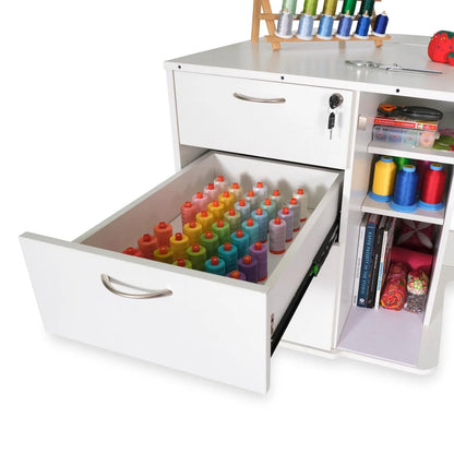 The Arrow Companies, LLC Kangaroo Sydney Lite Sewing Cabinet with Electric Lift features an open drawer filled with colorful thread spools, plus shelves organized with books, fabric, and sewing supplies for compact storage.