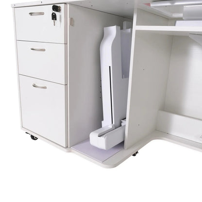 The Kangaroo Sydney Lite Sewing Cabinet by Arrow Companies, LLC is a white compact sewing unit with left-side drawers, a right vertical slot for your folded machine, wheels for mobility, and a lockable top drawer. It also features an electric lift.