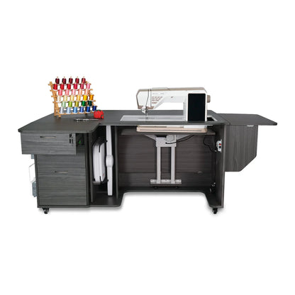 The Arrow Companies Kangaroo Sydney Lite Sewing Cabinet with Electric Lift features a spacious work surface, thread rack, pull-out drawers, and cabinet storage—all in a compact design.