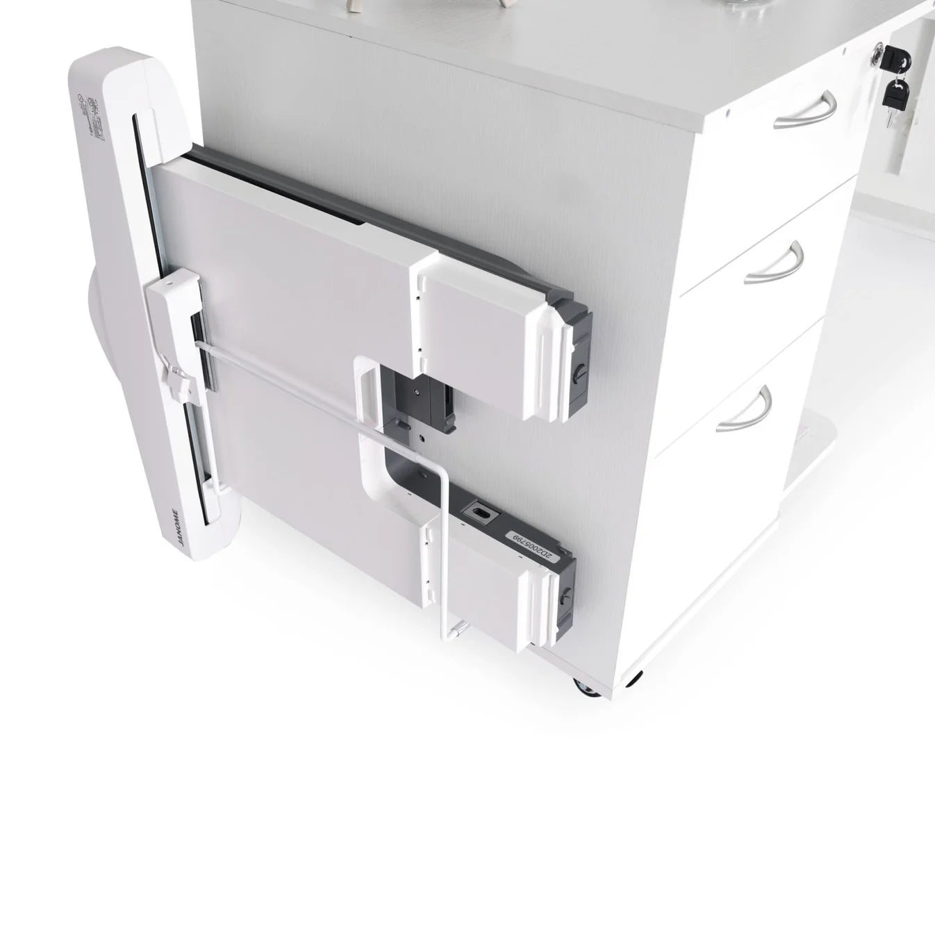 The Kangaroo Sydney Lite Sewing Cabinet with Electric Lift by Arrow Companies, LLC features drawers, compartments, and handles on a wheeled white cart—resembling compact sewing furniture and placed on a white surface.