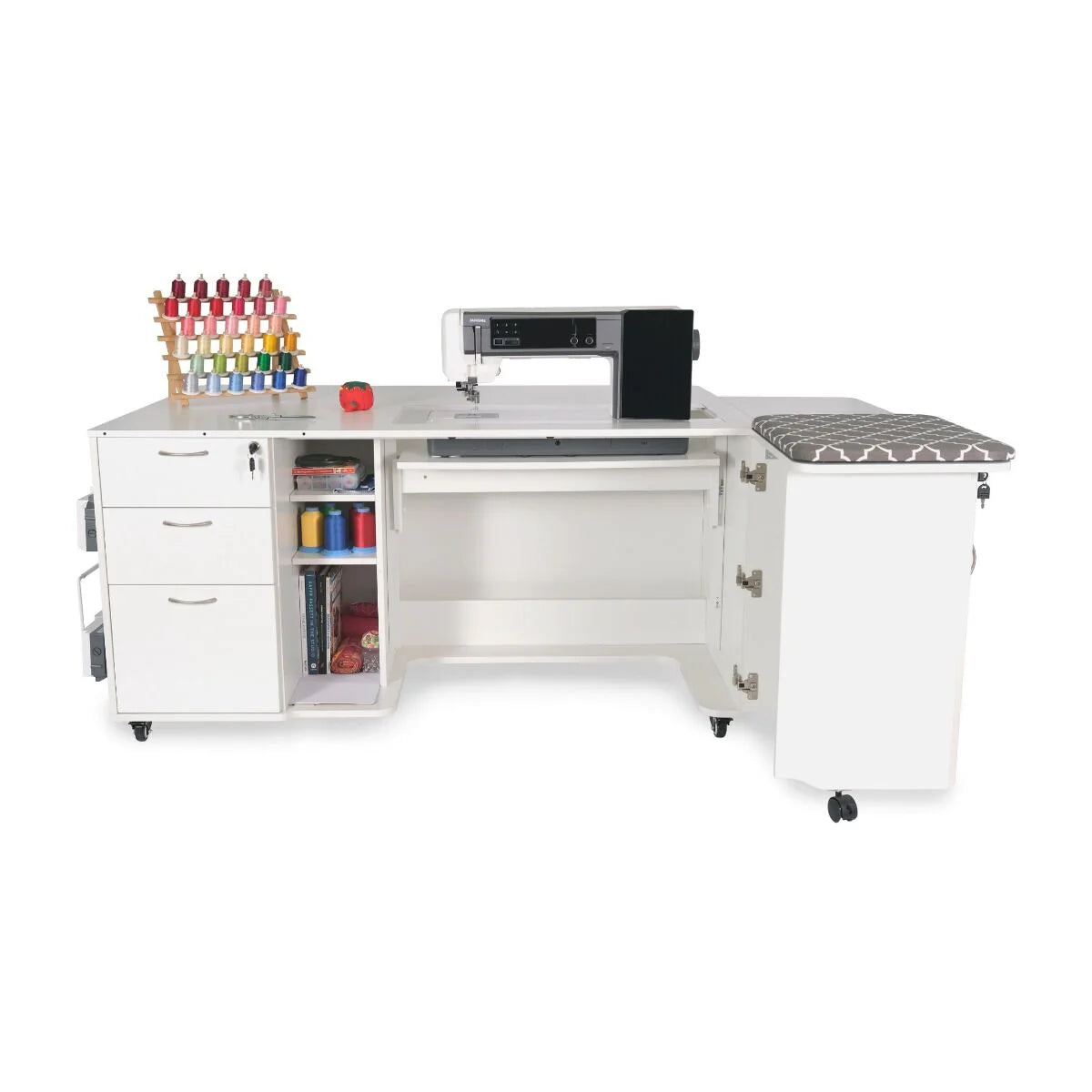 The Kangaroo Sydney Sewing Cabinet with Electric Lift by Arrow Companies, LLC features a white finish, sewing machine space, thread rack, drawers, supply shelves, a right-side fold-out ironing board, and wheels for easy mobility.