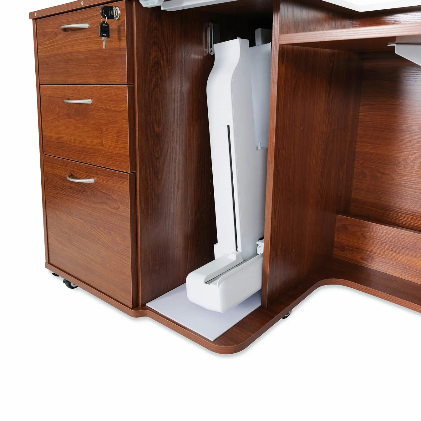 The Kangaroo Sydney Sewing Cabinet by Arrow Companies, LLC features an electric lift for your sewing machine and three closed drawers, with a spacious compartment designed for convenience.