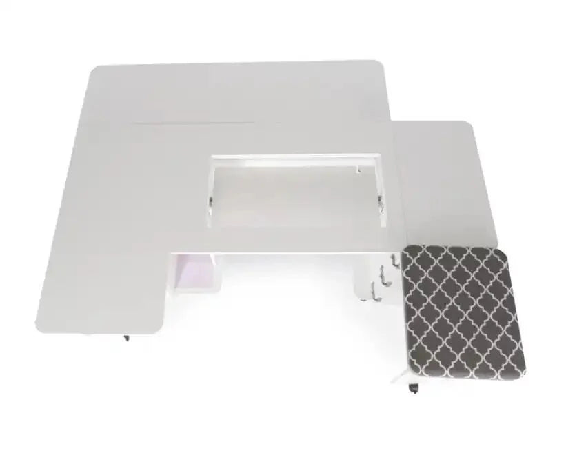 Overhead view of the Kangaroo Sydney Sewing Cabinet with Electric Lift by Arrow Companies, LLC, featuring a central recessed sewing machine area, attached patterned ironing board, and a storage compartment below.