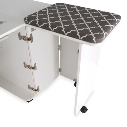 The Arrow Companies, LLC Kangaroo Sydney Sewing Cabinet with Electric Lift features open doors, caster wheels, and includes a cushioned gray seat with a white geometric pattern.