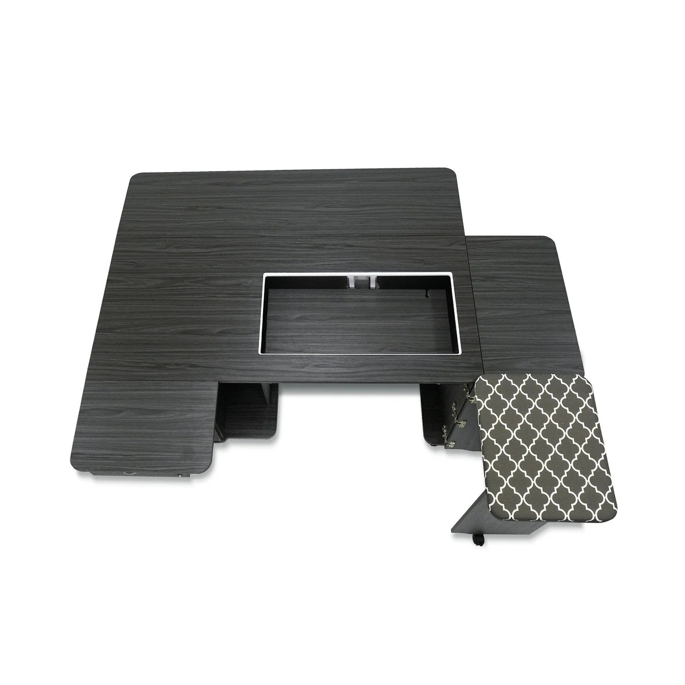 A dark wood lap desk with a cup holder, raised laptop platform, and a gray and white geometric side surface—ideal for pairing with your Kangaroo Sydney Sewing Cabinet with Electric Lift by Arrow Companies, LLC.