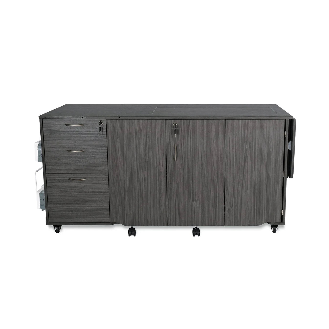 The Kangaroo Sydney Sewing Cabinet by Arrow Companies, LLC features three left drawers, center double doors, a right fold-out panel, and caster wheels for mobility. An electric lift adds convenience for all your sewing needs.
