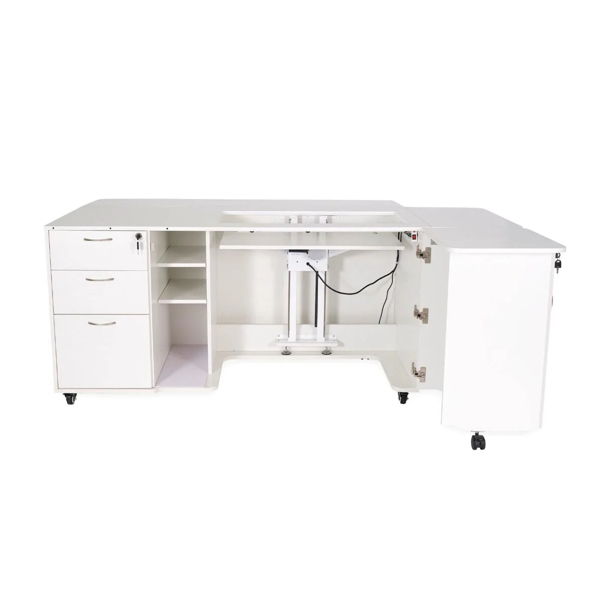 The Arrow Companies, LLC Kangaroo Sydney Sewing Cabinet with Electric Lift is a white L-shaped cabinet featuring multiple drawers, open shelves, a wheeled cabinet, and an electric lift—ideal for organizing your quilting workspace.