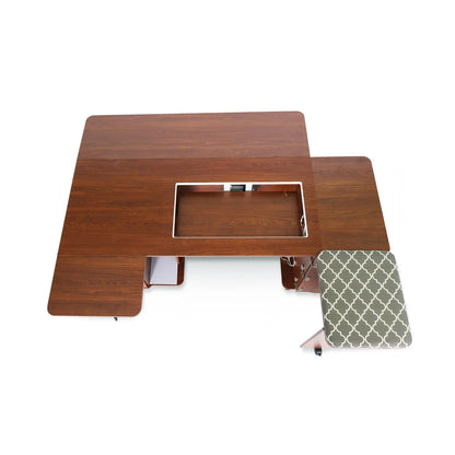 Overhead view of the Arrow Companies, LLC Kangaroo Sydney Sewing Cabinet with Electric Lift, featuring a rectangular center cutout, an extended side platform, and a geometric-patterned cushioned chair.