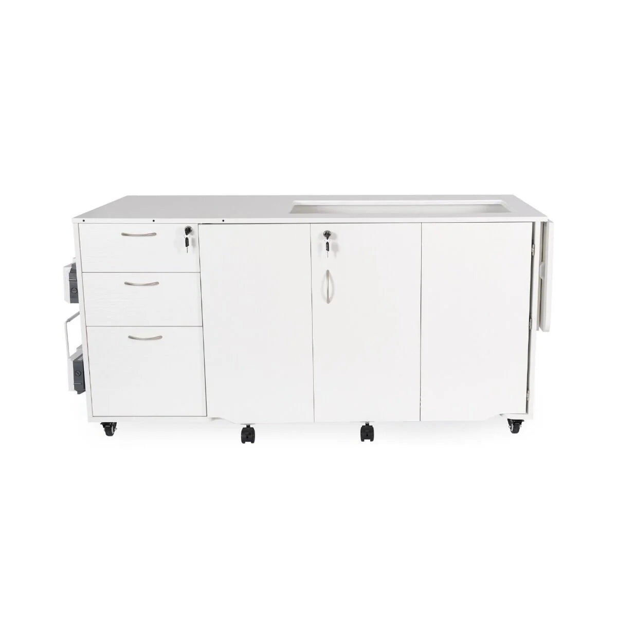 The Kangaroo Sydney Sewing Cabinet with Electric Lift by Arrow Companies, LLC features three drawers, two cabinets, a side extension, recessed top area, silver handles, and wheels—ideal for organized sewing and crafting workspaces.