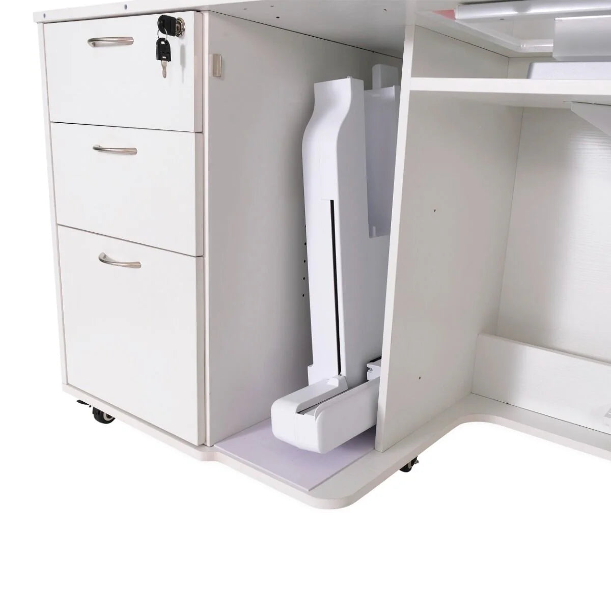 The Kangaroo Sydney Sewing Cabinet by Arrow Companies, LLC features an electric lift, drawers, a lock, and a vertical compartment for your machine—all in white—mounted on wheels for easy mobility.