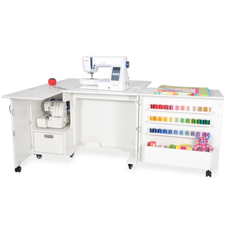 The Quilted Joy Kangaroo Wallaby Sewing Cabinet Set (available in 2 colors) features wheels, an open work surface, shelves for sewing accessories, and space for a sewing machine and serger—perfect for organizing colorful threads and tools.