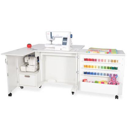 The Quilted Joy Kangaroo Wallaby Sewing Cabinet Set (available in 2 colors) features wheels, an open work surface, shelves for sewing accessories, and space for a sewing machine and serger—perfect for organizing colorful threads and tools.