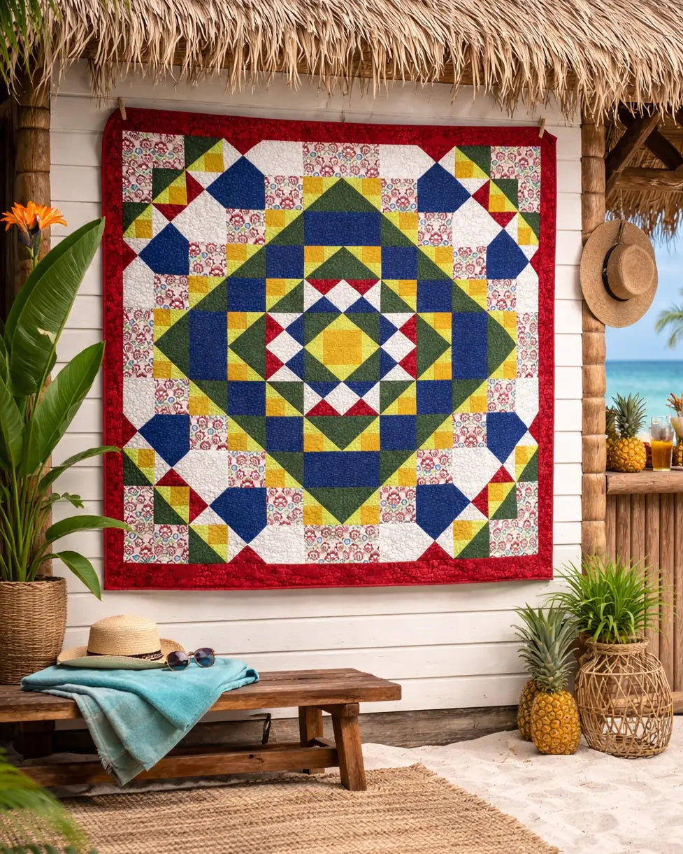 A colorful quilt with geometric patterns hangs on a white wooden wall of a tropical hut, surrounded by lush plants, pineapples, and beach accessories, with the ocean visible in the background.
