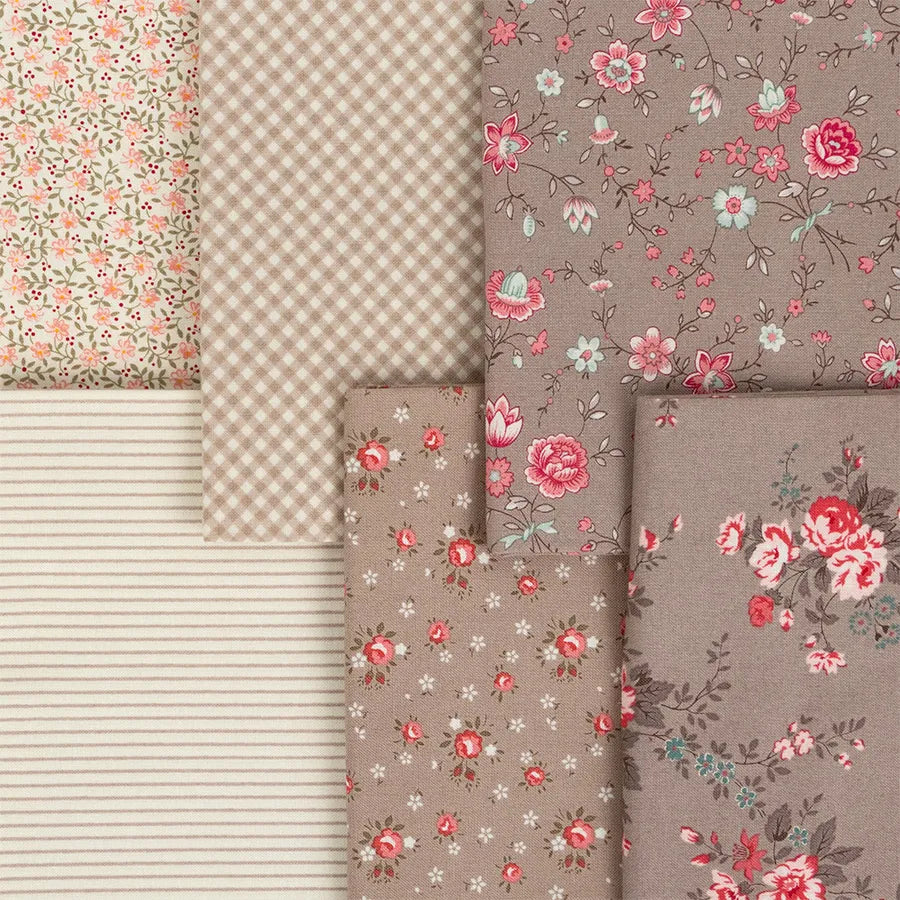 Five pieces of fabric in beige and brown, including Lyda Rose Mini Charms by United Notions, feature florals, stripes, checks, and small blossoms arranged side by side.