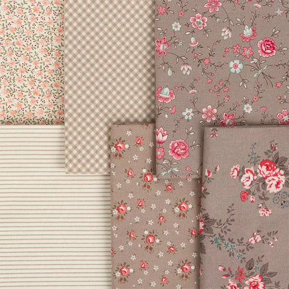 Five pieces of fabric in beige and brown, including Lyda Rose Mini Charms by United Notions, feature florals, stripes, checks, and small blossoms arranged side by side.