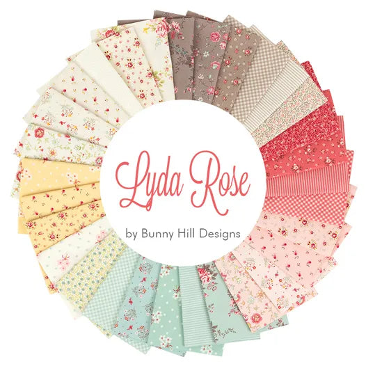 A circular display of pastel floral and gingham fabric swatches showcases the Lyda Rose Fat Quarter Bundle by United Notions, with “Lyda Rose by United Notions” written in red and gray script at the center.