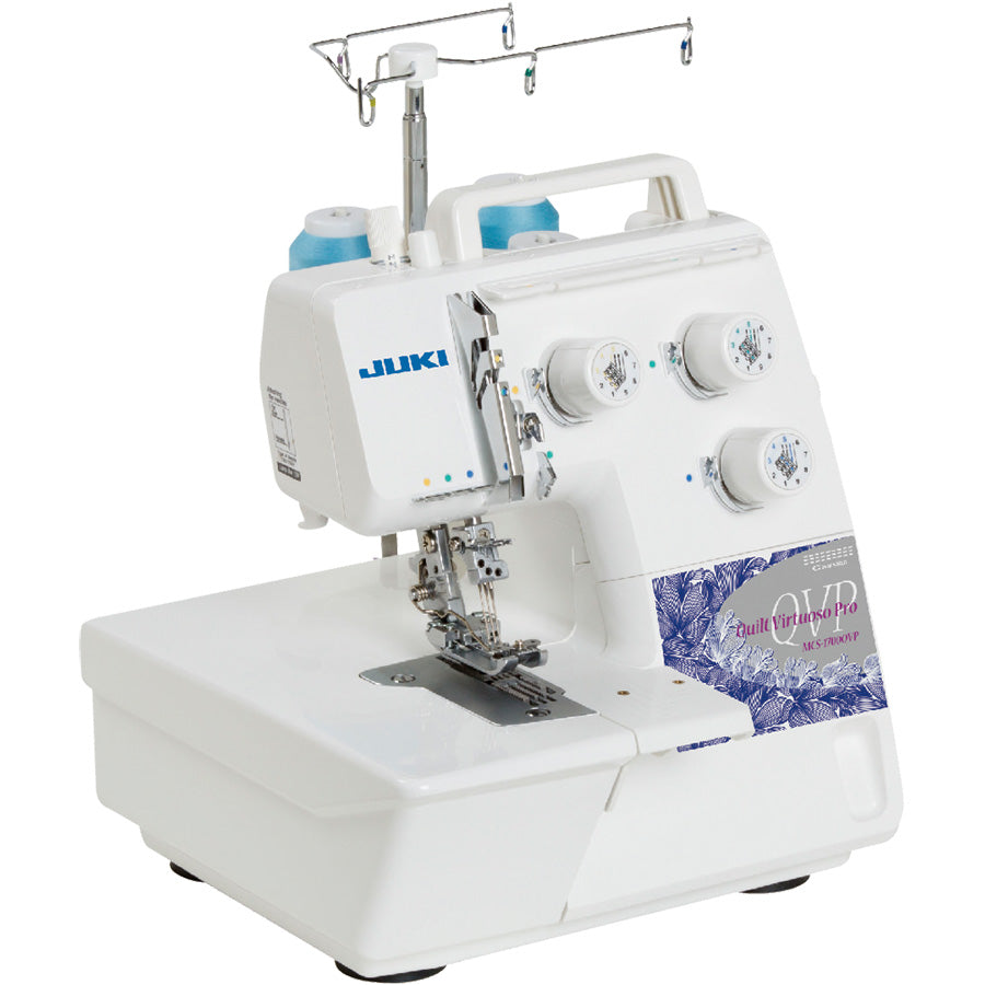 The JUKI MCS-1700QVP coverstitch and chain stitch machine photographed from the front on a white background.