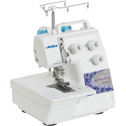 The JUKI MCS-1700QVP coverstitch and chain stitch machine photographed from the front on a white background.