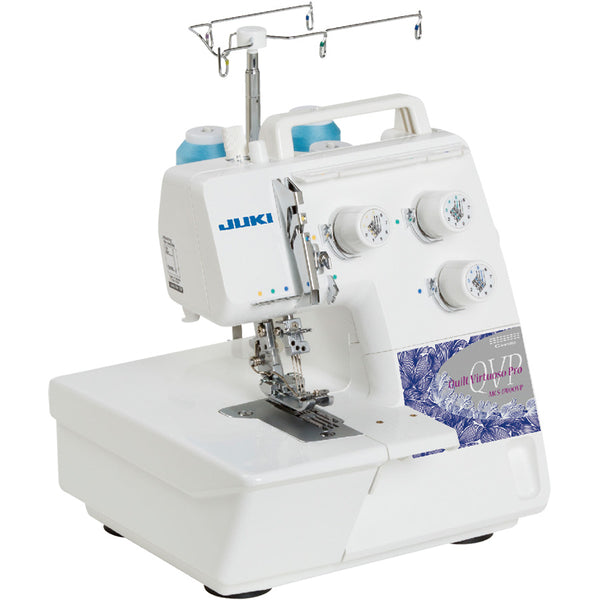 The JUKI MCS-1700QVP coverstitch and chain stitch machine photographed from the front on a white background.