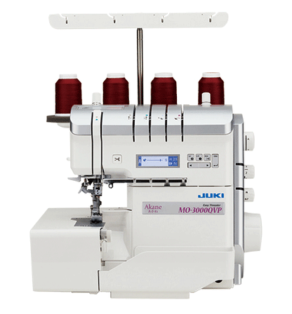 The JUKI Akane MO-3000QVP air threading serger photographed from the front with four thread cones on its telescoping stand and the LCD screen lit.