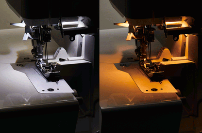 Two photographs of the needle area of the JUKI Akane MO-3000QVP side by side, one lit in cool daylight white and one in warm white.
