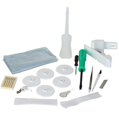 A set of medical and repair tools—screwdriver, tweezers, small bottle, white discs, matches, plastic sheet, key, and assorted parts—for maintaining your Juki America Pearl Line MO-655 2/3/4/5 Thread Serger displayed on a white surface.