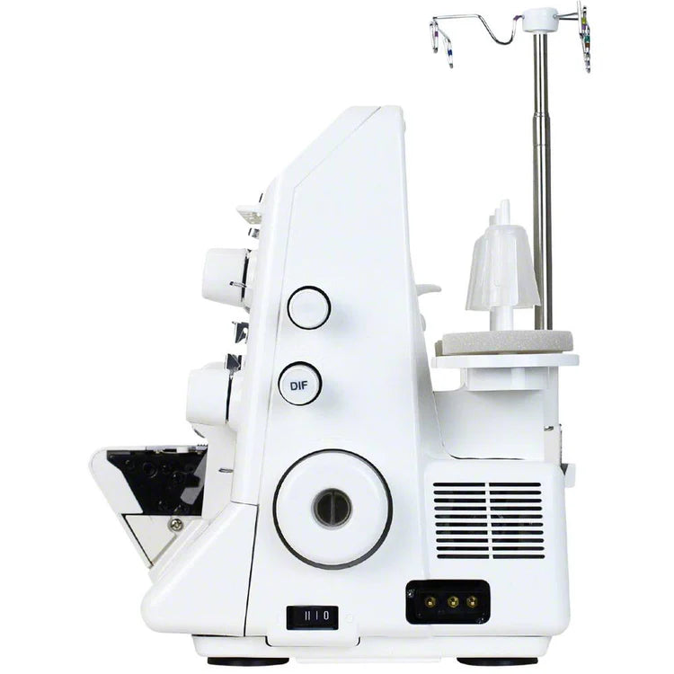 A side view of the Juki America Pearl Line MO-655 2/3/4/5 Thread Serger shows its control dials, thread holders, and switches on a plain background.