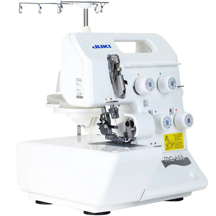 The Juki America Pearl Line MO-655 2/3/4/5 Thread Serger, designed for professional and home use with multiple dials and thread guides, is displayed against a plain white background.