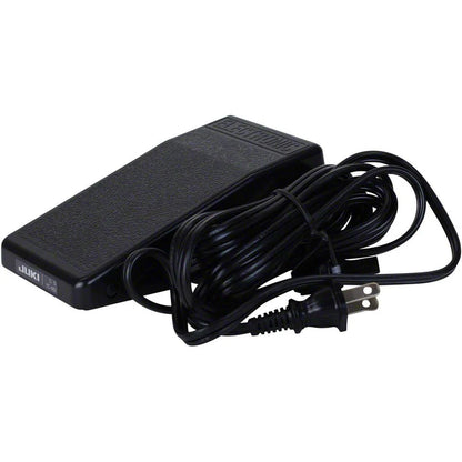 A black Juki America sewing machine foot pedal with a textured surface and long coiled cord is shown—ideal for use with the Juki Pearl Line MO-655 2/3/4/5 Thread Serger.