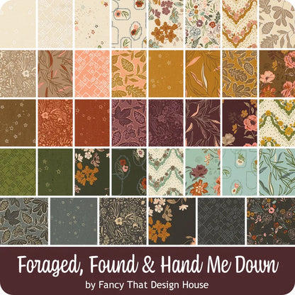 A grid of 36 vibrant fabric swatches featuring floral, botanical, and geometric patterns makes up the Foraged Found and Hand Me Down Fat Quarter Bundle by United Notions. The product name appears below on a brown background.