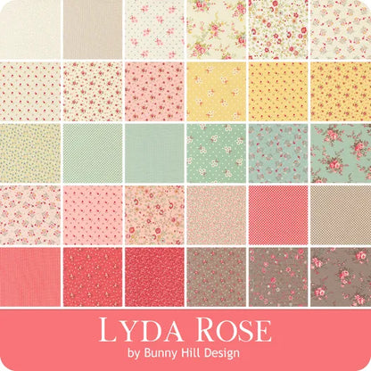 A grid of 30 pastel and muted fabric swatches with floral and patterned designs. Below, the text reads “Lyda Rose Mini Charms by United Notions” on a pink background—ideal for Lyda Rose Mini Charms projects.