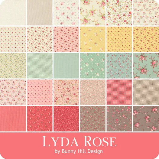 A grid of 30 Lyda Rose Charm Pack fabric swatches by United Notions, featuring pastel and muted floral and geometric patterns, is shown on a pink background.